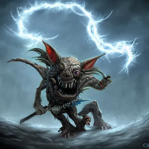 Prompt: a highly detailed goblin with grey skin and blue eyes that glow, like magic the gathering, goblin chainwalker, caught in a tornado, digital art, by christopher rush