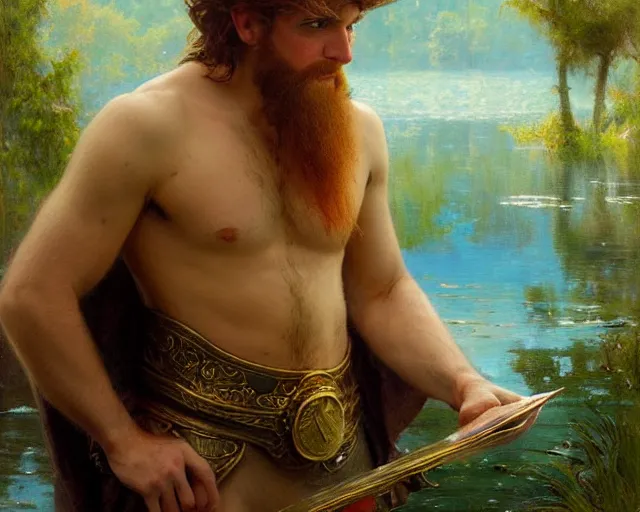 Image similar to attractive male wizard casting water spell in a beautiful lake. highly detailed painting by gaston bussiere, craig mullins, j. c. leyendecker 8 k