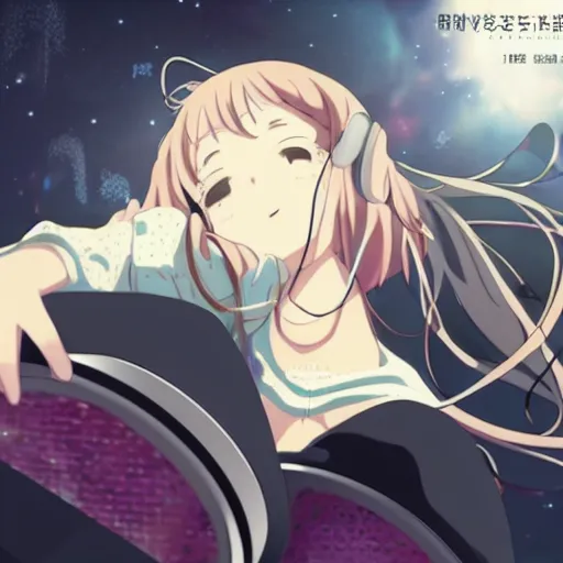 Image similar to girl listening to music at 1 am falling asleep, anime, kyoto animation key visual