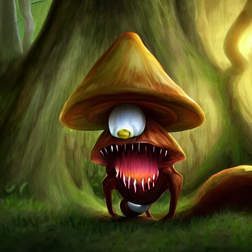 Prompt: digital art of a fantasy mushroom monster with sharp teeth lurking in the woods, dynamic lighting, photorealistic, art station