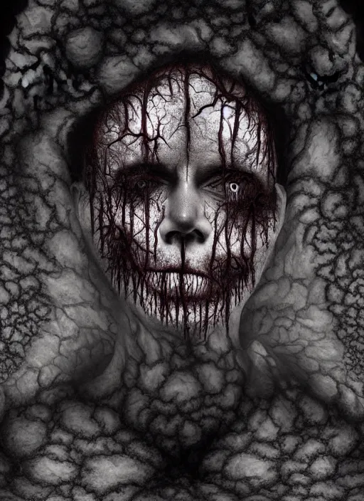 Image similar to dramatic matte portrait painting of man with black mandelbrot fractal instead of face, horror, body horror, dark art, 4 k, detailed, realistic, psychotic, insane, crazy, mental illness, dramatic,