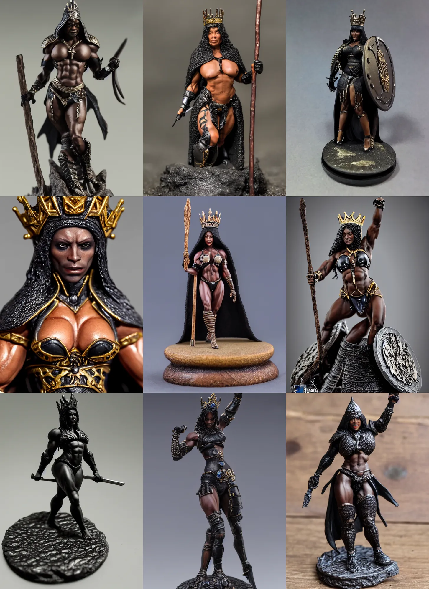 Prompt: 80mm resin detailed miniature of a Very Muscular Queen, black skin, long cloak, bikini-armor, iron crown, Shaved head, on textured disc base, Company logo in upper left corner; Miniature product Photo, 4K, Full body