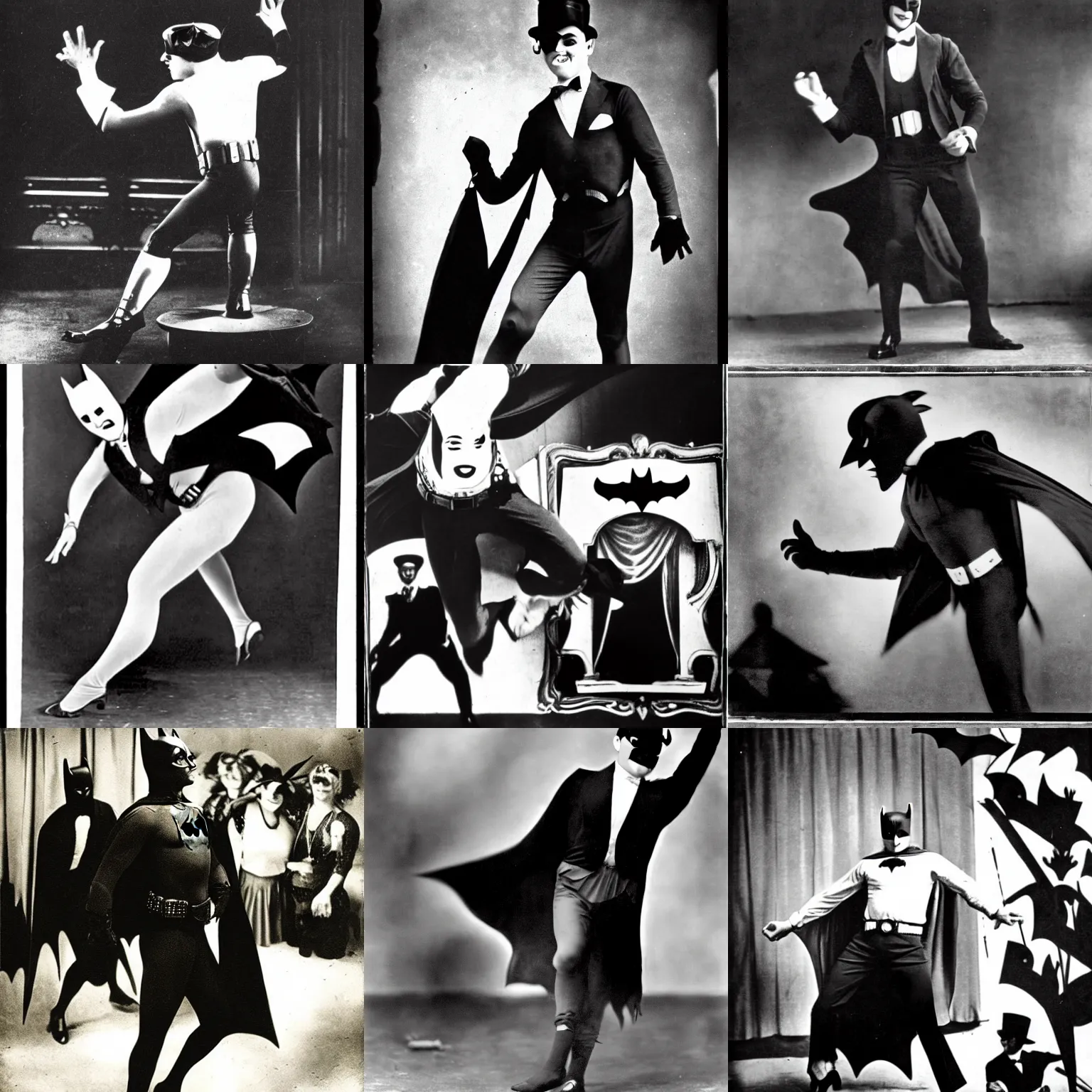 Prompt: batman dancing in a vaudeville show, 1 9 2 0 s television still, vintage photography