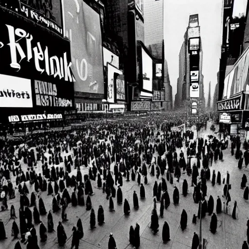 Prompt: new york times cover of a penguin walking in bustling times square new york, 1 9 8 0 s