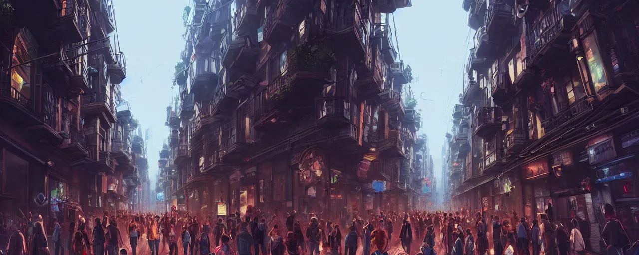 Prompt: an intricate detail of a city street in the metaverse with crowd wearing vr headsets, highly detailed, Artstation, concept art, hyper realistic, cgsociety