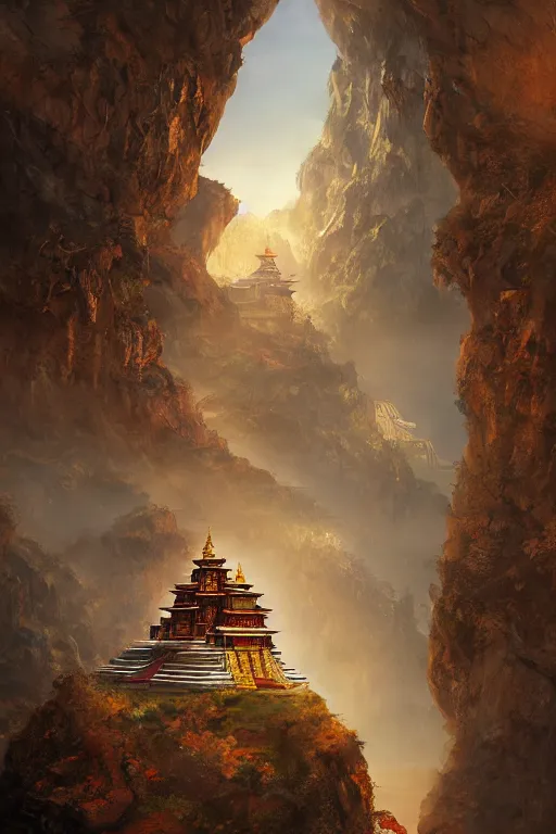 Image similar to inside a Tibetan monastery with a view at the edge of the cliff, powerfull, intricate, elegant, volumetric lighting, digital painting, highly detailed, artstation, sharp focus, illustration, concept art, ruan jia, steve mccurry