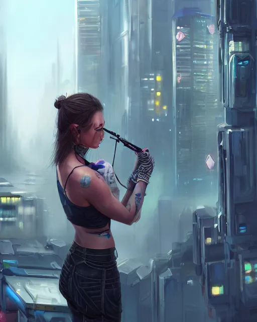 Image similar to realistic female artist painting on a canvas on the rooftop of a cyberpunk city, artstation trends, sci fi concept art, highly detailed, intricate, sharp focus, digital art, 8 k,