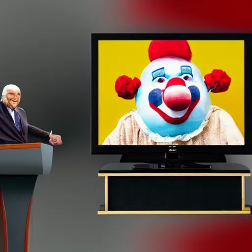 Image similar to photo of a television with a president with clown face giving a speech