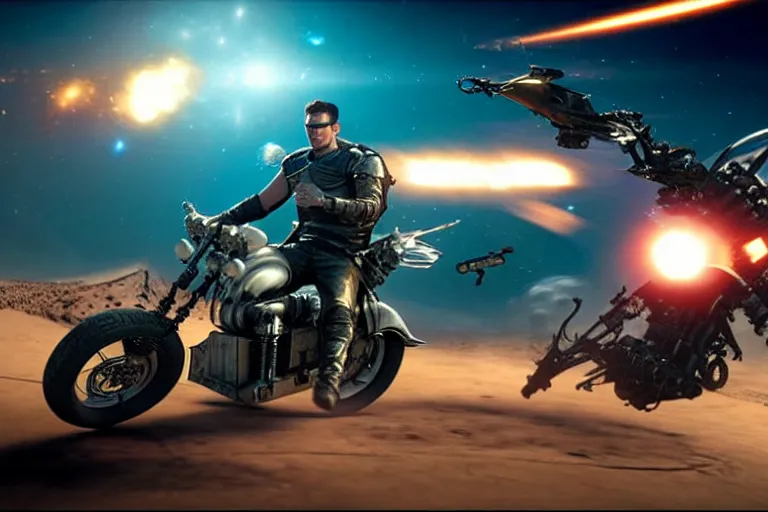 Image similar to mad max riding his Interceptor in space, fighting mutants on space bikes, action-scene, very detailed, high octane