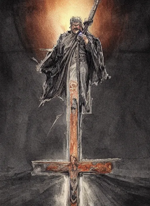 Image similar to portrait, Trump on a cross, watercolor, dramatic lighting, cinematic, establishing shot, extremely high detail, foto realistic, cinematic lighting, pen and ink, intricate line drawings, by Yoshitaka Amano, Ruan Jia, Kentaro Miura, Artgerm, post processed, concept art, artstation, matte painting, style by eddie mendoza, raphael lacoste, alex ross