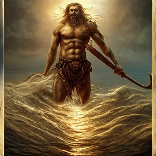 Image similar to gigantic, commanding menacing vengeful ancient god poseidon rising out of the ocean waters portrait, mysterious atmospheric lighting, painted, intricate, volumetric lighting, beautiful, rich deep colours masterpiece, golden hour, sharp focus, ultra detailed, by leesha hannigan, ross tran, thierry doizon, kai carpenter, ignacio fernandez rios