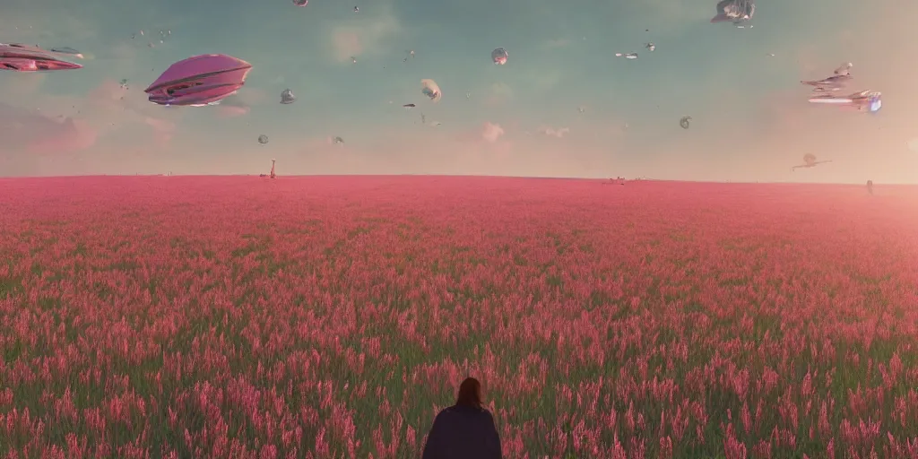 Prompt: a crowd of people next to spaceships in wheatfields of pink plants, pink trees, pink grass, spaceships flying in the sky, at dawn, epic scale ultrawide angle, stunning, epic, cinematic, artstation trending, octane render, hyperrealistic, cryengine 8 k uhd