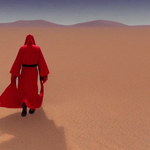 Image similar to an evil priest wearing red robes walking in a desert, sunny weather, gerhard richter, rendered in octane, realistic, 8 k, vivid, intricate, detailed