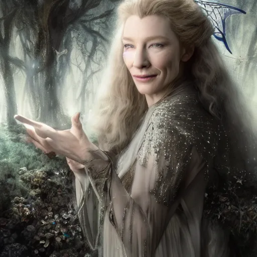 Prompt: portrait of mischievous, baleful Cate Blanchett as Galadriel as a queen of fairies, dressed in a beautiful silver dress. The background is a dark, creepy eastern europen forrest. night, horroristic shadows, high contrasts, ((lumnious)), theatrical, character concept art by ruan jia, thomas kinkade, and J.Dickenson, trending on Artstation