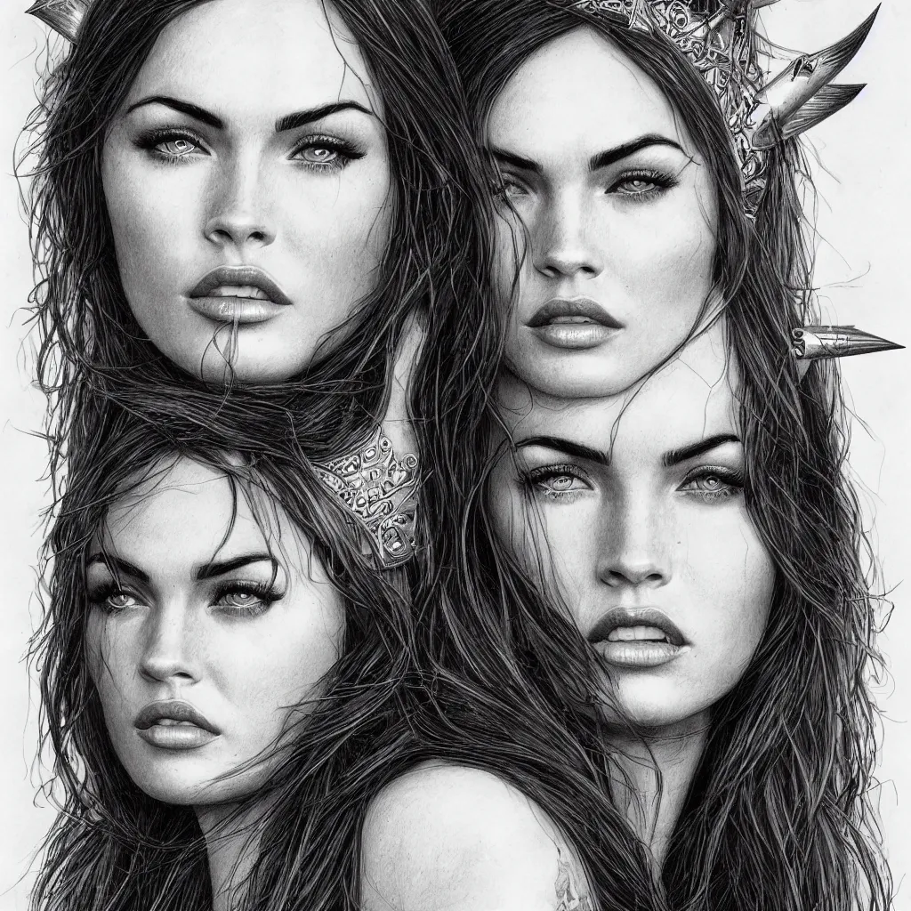 Image similar to portrait of beautiful megan fox as greek goddess aphrodite, archer, arrow on the head, beautiful piercing eyes, flowing blonde hair, realistic face, black and white drawing, in the style of greg rutkowski, fantasy, amazing detail, epic, intricate, elegant, smooth, sharp focus