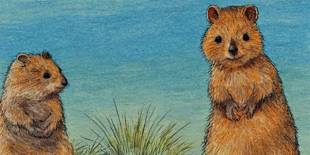 Prompt: detailed illustration, “A happy quokka on Rotttnest Island in the style of May Gibbs”,