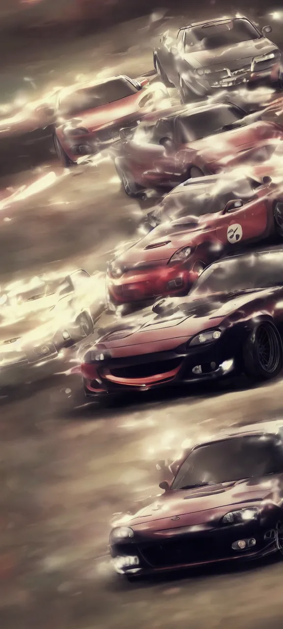 Prompt: anime screenshot of jdm mazda rx - 7 drifting on wall maria, illustration, cinematic, long exposure, 4 k, spotlight