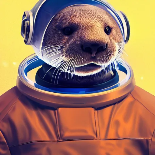 Prompt: a realistic portrait of an otter wearing a space helmet with space and nebula background, trending on artstation, ultra detail, photorealistic, fine detail, cgi, zbrush, global illumination, studio lighting