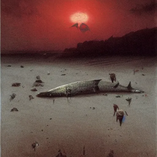 Image similar to decaying salmon on the beach after spawning, eaten by insects, by beksinski, dark vibes, 4 k, ultra realistic, highly detailed.