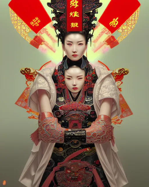 Image similar to portrait of a chinese cyberpunk machine, machine face, robed, upper half portrait, decorated with chinese opera motifs, regal, asian, fine china, wuxia, traditional chinese art intricate intense elegant 京 剧 highly detailed digital painting artstation concept art smooth sharp focus illustration, art by artgerm and greg rutkowski alphonse mucha 8 k