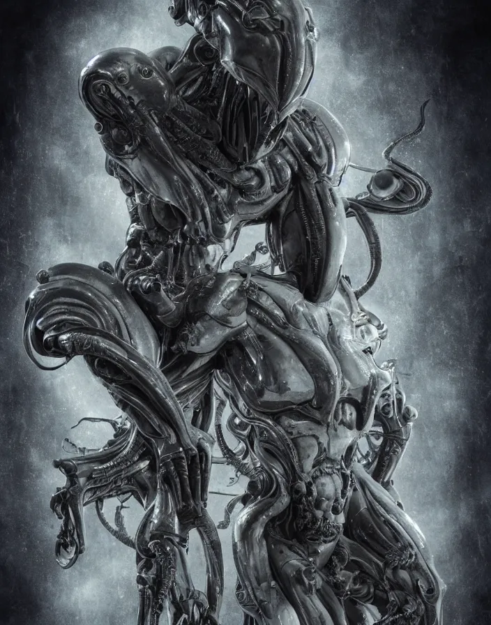 Image similar to engineer prometheus, xenomorph alien, highly detailed, symmetrical long head, smooth marble surfaces, detailed ink illustration, raiden metal gear, cinematic smooth stone, deep aesthetic, concept art, post process, 4k, carved marble texture and silk cloth, latex skin, highly ornate intricate details, prometheus, evil, moody lighting, hr geiger, hayao miyazaki, indsutrial Steampunk