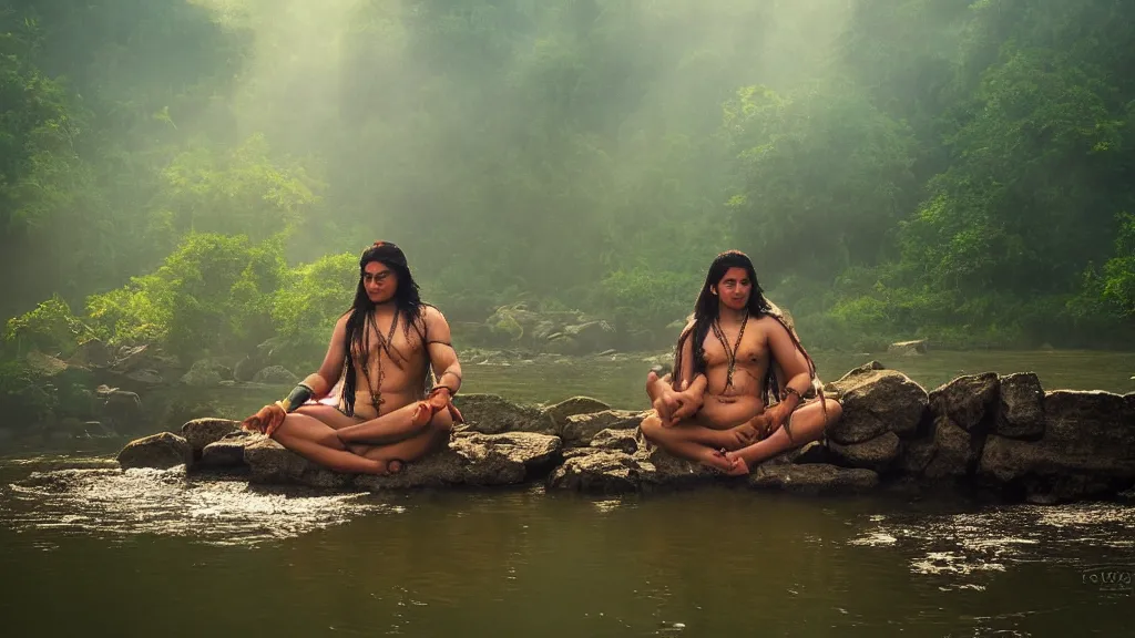 Image similar to lord shiva and his wife goddess parvati, bathing on a river, foggy morning, sun rays, atmospheric and heavenly photo