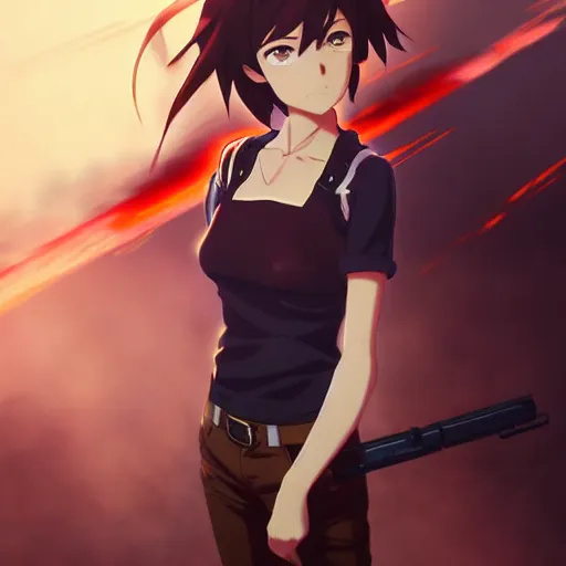 Image similar to makoto shinkai, artgerm, ilya kuvshinov, steampunk beautiful anime women, first woman with red shirt brown pants black and red hair hair, symmetrical face, symmetrical eyes, second anime woman with orange hair and black pants, action scene, shooting fire war, detailed, summer setting, cinematic lighting