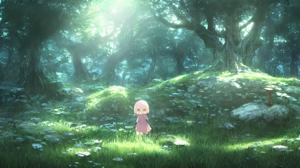Prompt: cute monster child in the mushroom forest, concept art by Makoto Shinkai