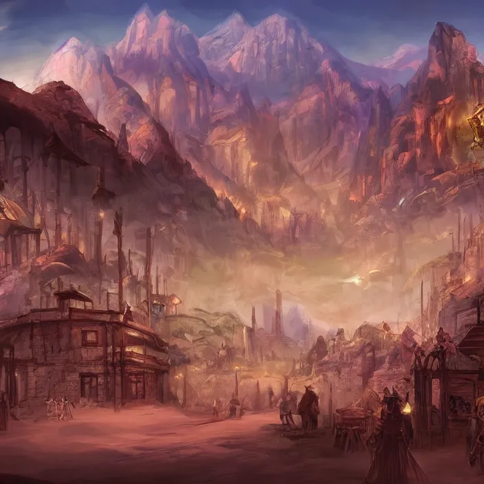 Image similar to large fantasy western town in the middle of a desert with a mountain in the background. magic the gathering art, digital media