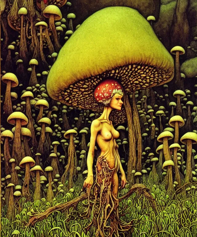 Prompt: A detailed funguswoman stands among the mushroom hills. Wearing a fungus and mushroom . Perfect faces, extremely high details, realistic, fantasy art, solo, masterpiece, art by Zdzisław Beksiński, Arthur Rackham, Dariusz Zawadzki, Edward Robert Hughes