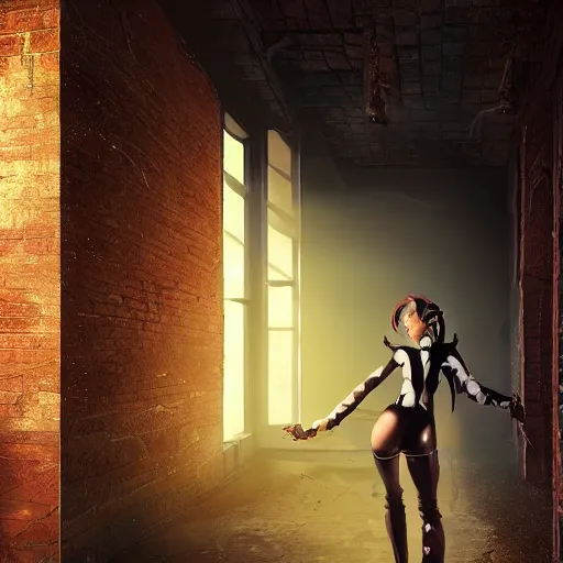 Prompt: a school boy being intimidated by a succubus in a leather suit, devi wings, cracked brick wall, long hallway, light at the end of the tunnel, volumetric lighting, concept art, detailed, dramatic lighting, by wlop, artgerm