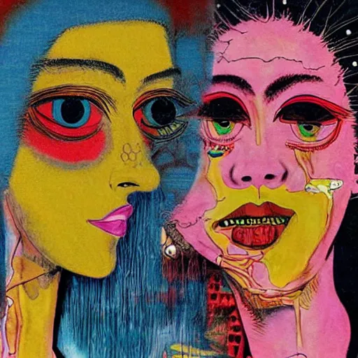 Image similar to beautiful painting of two bizarre psychedelic women kissing each other closeup in japan, speculative evolution, mixed media collage by basquiat and junji ito, magazine collage art, paper collage art, sapphic art, lesbian art