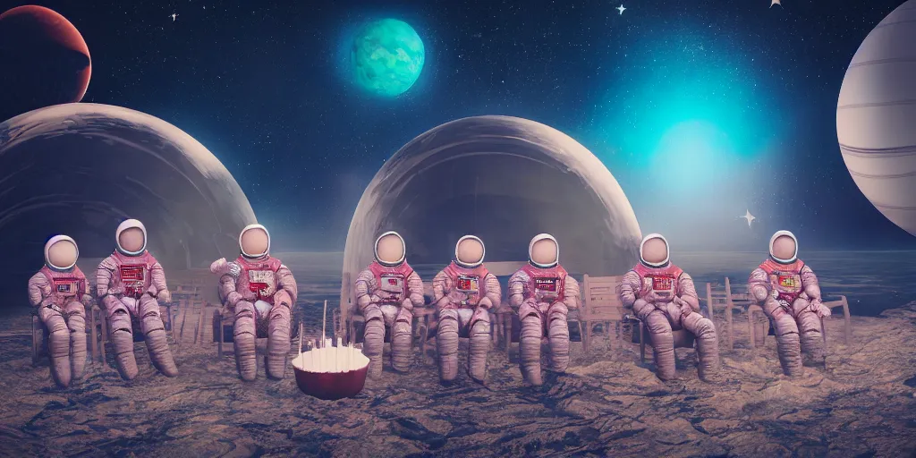 Image similar to twelve cosmonauts sitting by the river with a big holiday cake + octane render + ue 5 + planets and stars + mystical fog + psychedelic colors + super detail, high quality