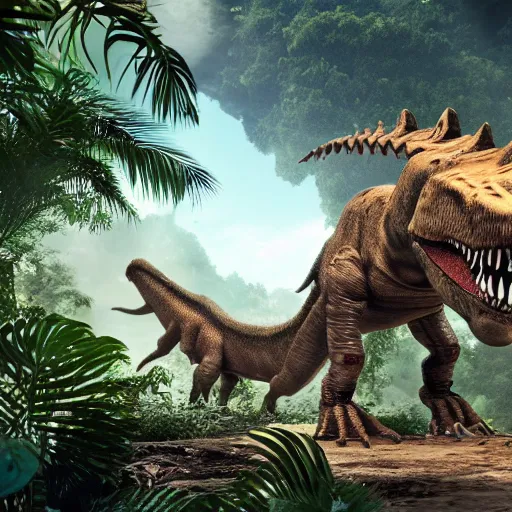 Image similar to a drone view of an elaborate time machine with floating platform over a prehistoric jungle with a t - rex in the background, unreal engine, hyper detailed