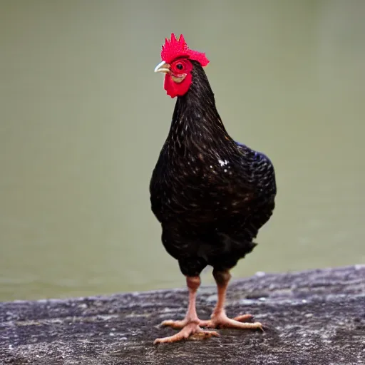 Image similar to close up photo of a chicken, drinking water from a lake in tasmania, bokeh, 4 0 0 mm lens, 4 k award winning nature photography