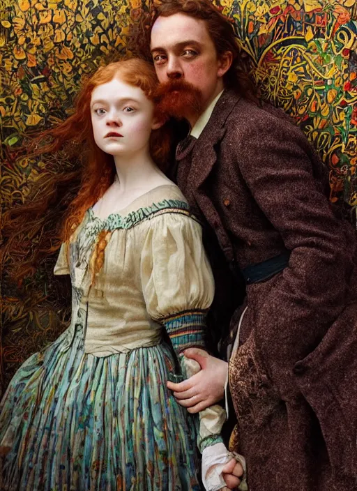 Prompt: sadie sink detailed colourful masterpiece of intricate preraphaelite photography couple portrait sat down extreme closeup, love, inside a full underwater train, detailed realistic expressions, wearing unusual clothes, by ford madox brown and william powell frith and frederic leighton and john william waterhouse and william morris, ultra wide angle