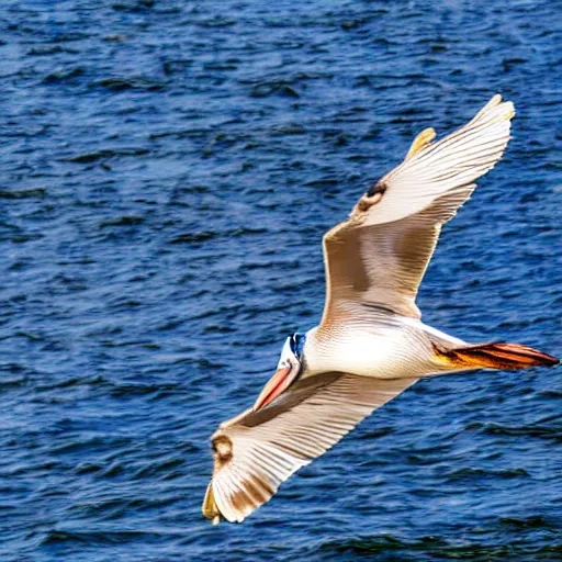 Prompt: a picture of a huge mega ultra sized pelican in flight. the pelican is very big has its its huge wings spread. symmetrical photo. very detailed, professional lighting diffracted lightrays 4 k.