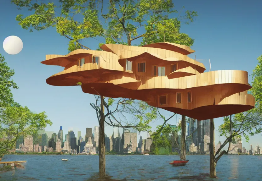 Image similar to a high resolution rendering of a mid century modern treehouse floating above new york city designed by frank gehry