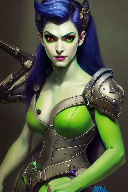 Image similar to painting of widowmaker from overwatch wearing ornate plastic armor, green blue skin color, ultra realistic, sharp details, subsurface scattering, intricate details, warm lighting, beautiful features, highly detailed, photorealistic, octane render, 8 k, unreal engine, art by artgerm and greg rutkowski and alphonse mucha