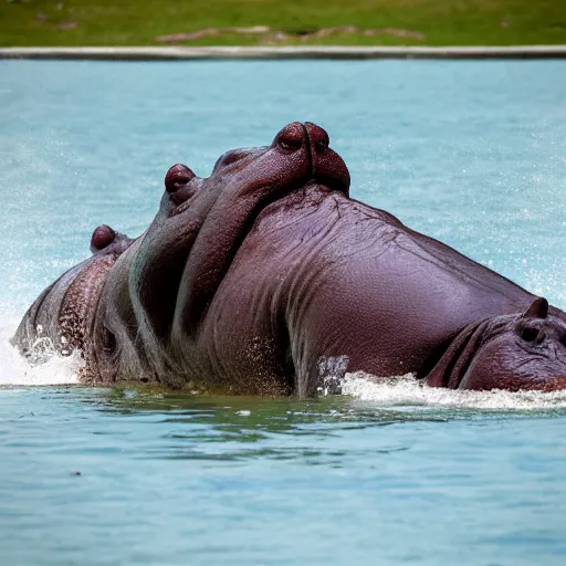 Prompt: polo played with hippopotamuses. sports photograph.