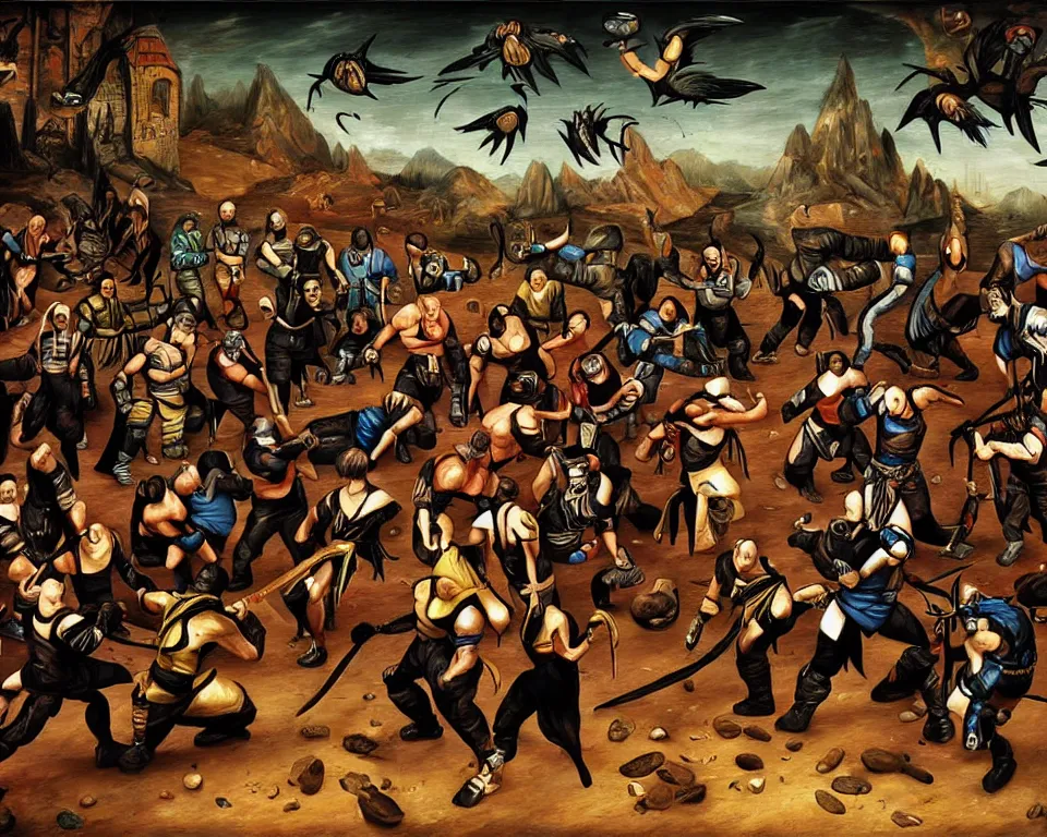 Image similar to mortal kombat characters art by hieronymus bosh, triumph of death by pieter brueghel