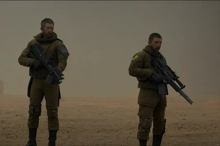 Image similar to vfx film, blade runner 2 0 4 9 futuristic soldiers shoot at enemy robots futuristic war, battlefield war zone, shootout, running, shooting, explosion, battlefront, leaping, flat color profile low - key lighting award winning photography arri alexa cinematography, big crowd, hyper real photorealistic cinematic beautiful, atmospheric cool colorgrade