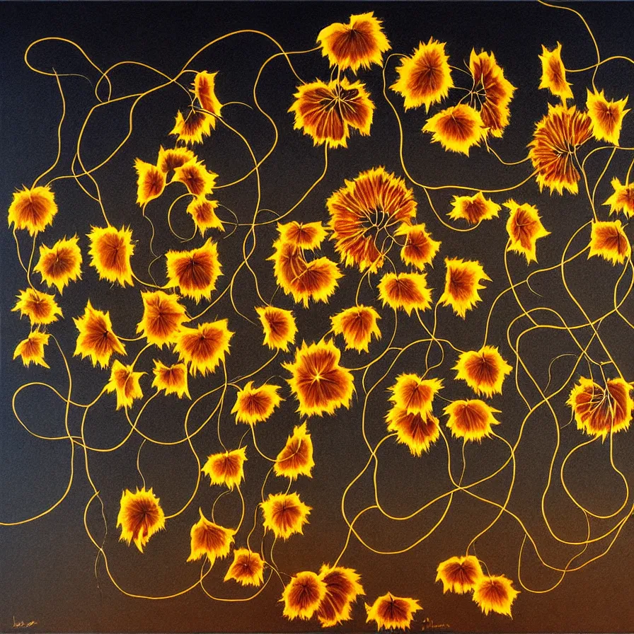 Image similar to award winning fine artwork about rivers of withered sunflowers and dry nasturtiums with vines, dark tones, moody, night, moonlight