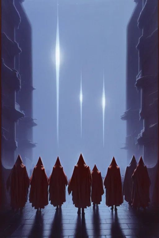 Prompt: emissary a line of people in hooded outfits holding lights walking into a large city on the planet dathomir by arthur haas and bruce pennington and john schoenherr, cinematic matte painting, 8 k, dark color palate