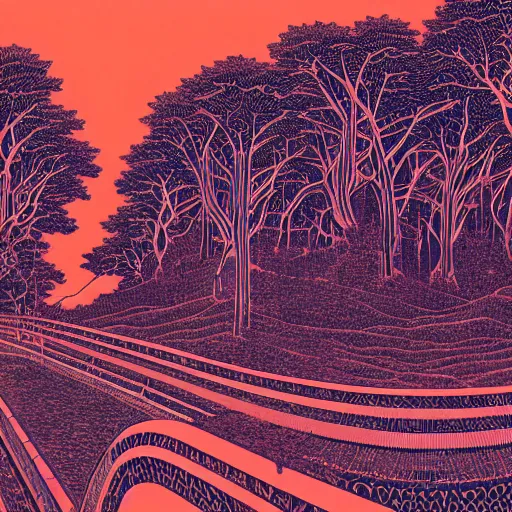 Image similar to what blind people see on a psychedelic trip, flat design, screen print by kawase Hasui and Dan hillier, 8k, artstation