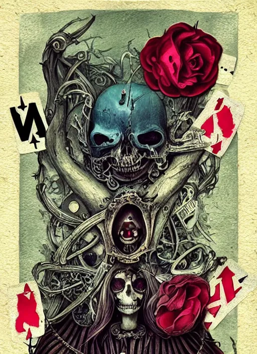 Image similar to alice in wonderland death tarot card, highly detailed, half skull face, cinematic, 8 k, bymegan duncanson, benjamin lacombe, naoto hattori, giger, trending on deviantart, hyper detailed, horror, full of colour