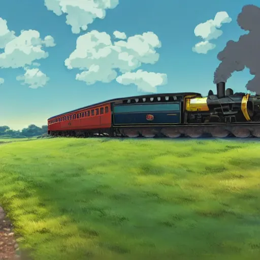 Image similar to steam train going through the countryside towards a distant city, anime, by makoto shinkai, steam train, landscape