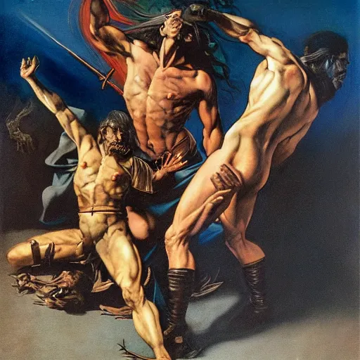 Image similar to baleful falso oath revelations Hesekiel, in the style of Frank Frazetta, Jeff Easley, Caravaggio, extremely clear faces coherent, clear lines, 8K revolution