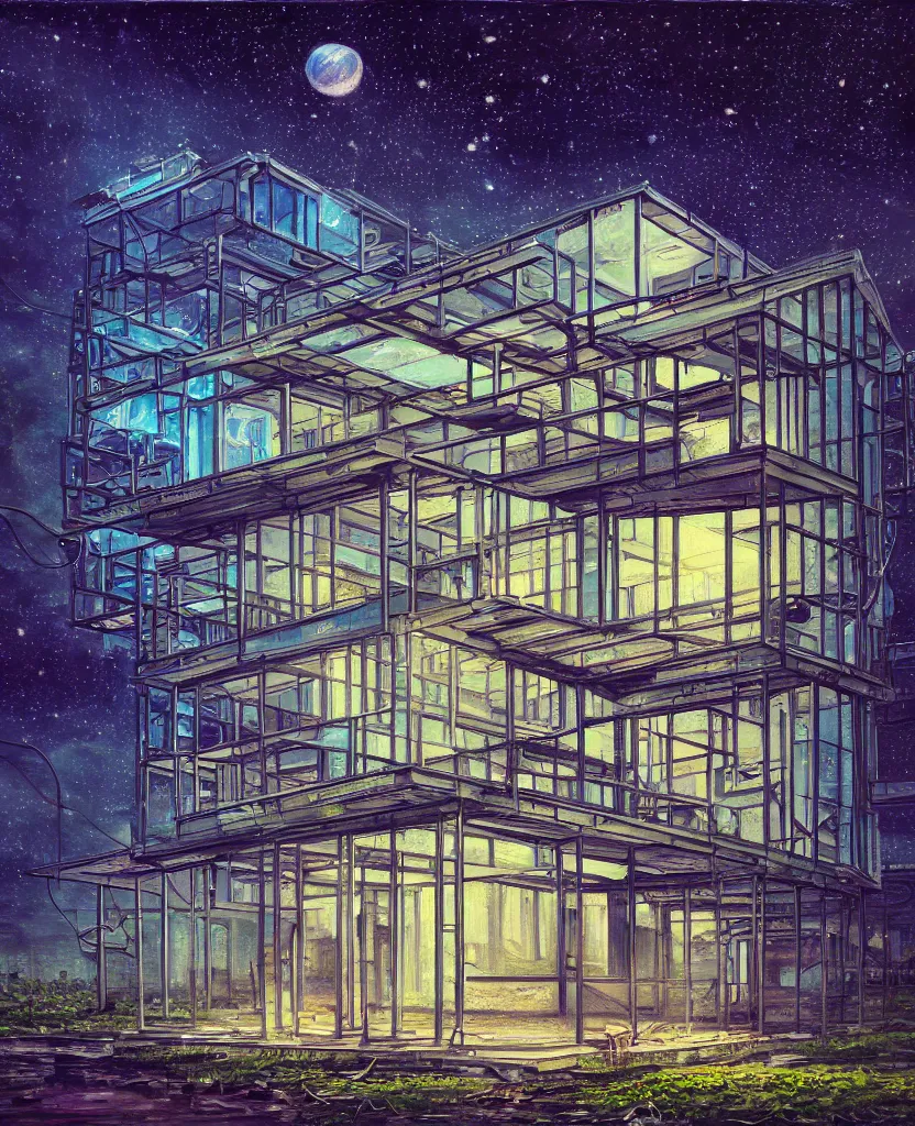 Prompt: a beautiful detailed painting of city building tiny home urbex industrial architecture unfinished building architecture nature abandoned by philip johnson, galactic gem liberty city nightsky poppy lightpaint futuristic, archdaily, wallpaper, highly detailed, trending on artstation.