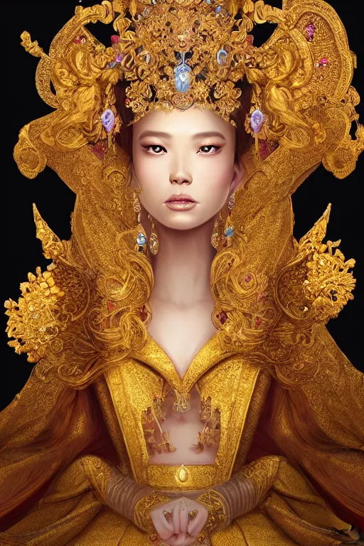 Image similar to a beautiful empress portrait, with a brilliant, impossible striking shiny big gold headpiece, gold clothes, rococo, baroque, jewels, asian, realistic, closeup, D&D, fantasy, intricate, elegant, highly detailed, digital painting, artstation, octane render, 8k, concept art, matte, sharp focus, illustration, art by Artgerm and Greg Rutkowski and Alphonse Mucha